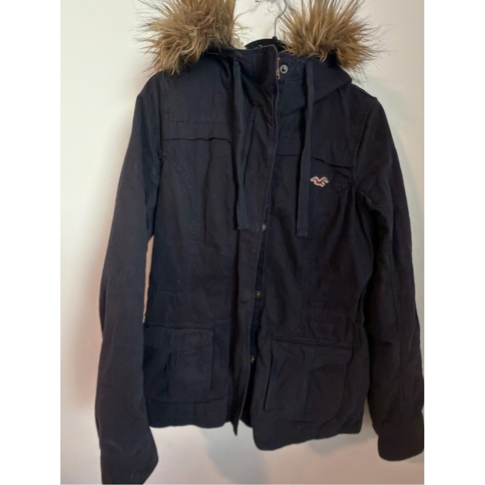 Hollister Womens Navy Blue Sherpa Lined Faux Fur Hood Parka Jacket Small